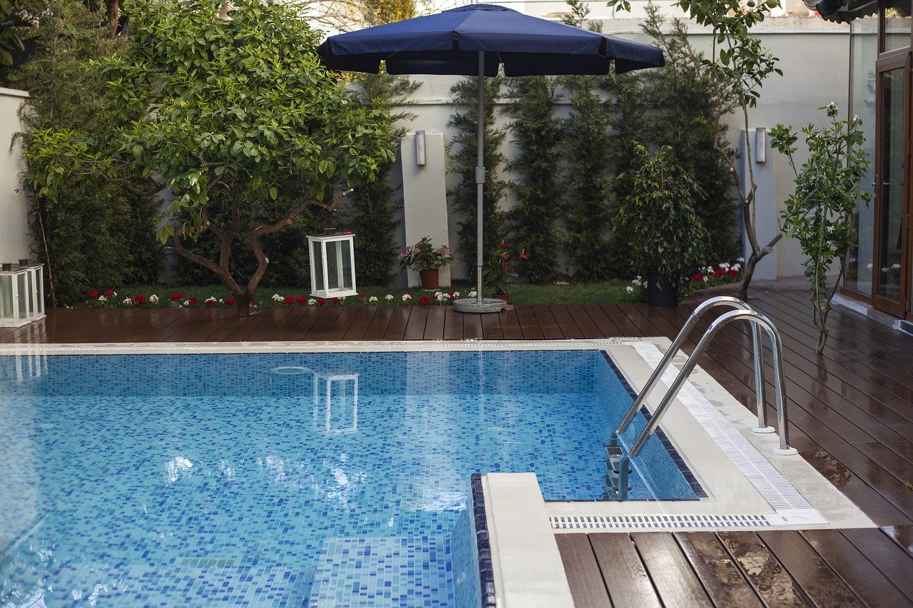 pool with wooden tile